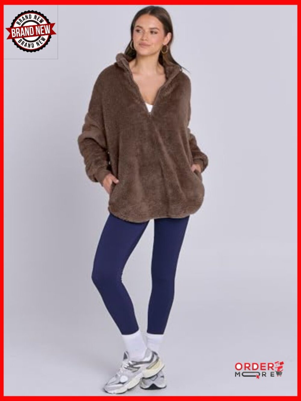 Oversized Sherpa Fleece Zip Up Hoodie Sweatshirt Pullover - Picture 3 of 7
